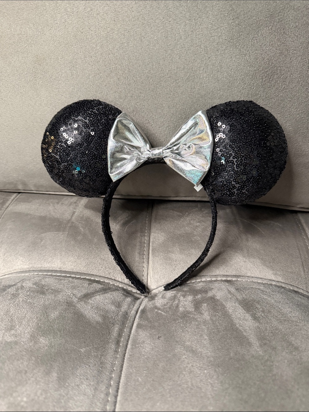 Disney Black Sequin Mouse Ear Headband with Silver Bow